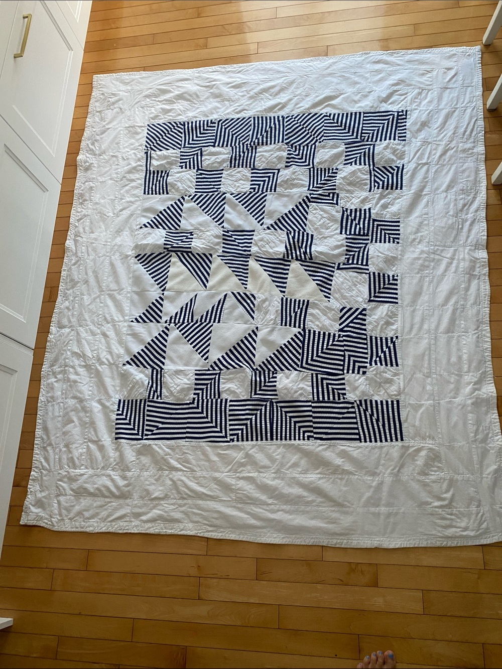 Handcrafted White & Navy Cotton Geometric Nautical themed Quilt Sze L: 68” W: 56